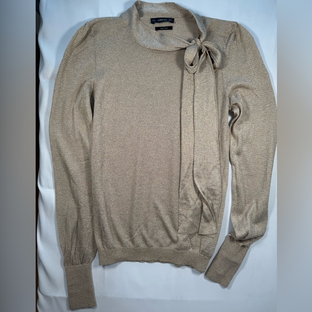Zara Beige Women's champagne mock turtle neck Sweater with Bow